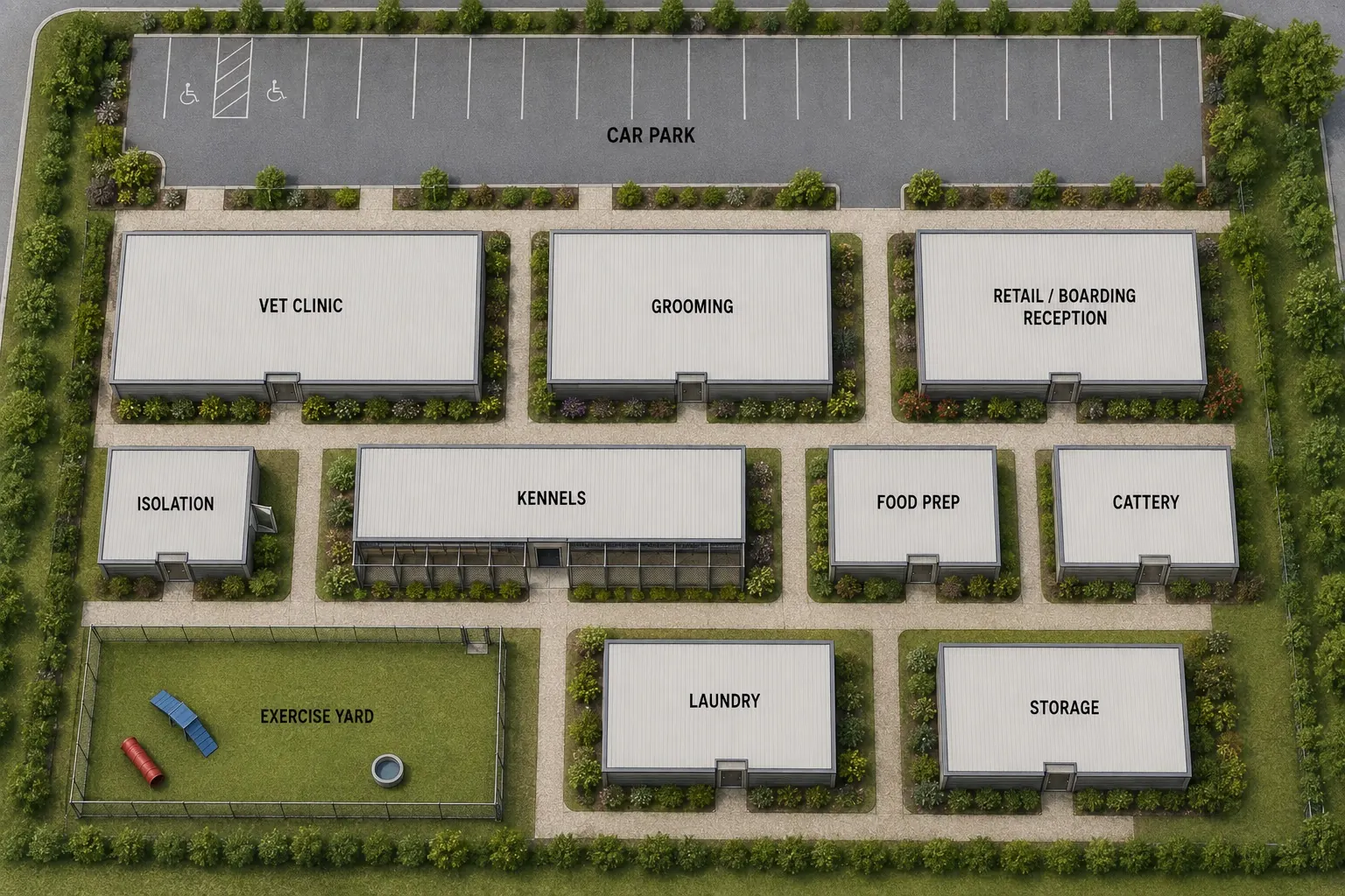 Aerial site plan of the Paws facility grounds. A car park with accessible bays runs along the top of the site. Below it, a landscaped access road separates the car park from the main building row: the Vet Clinic on the left, Grooming in the centre, and Retail / Boarding Reception on the right. The next row holds Isolation, the Kennels block, Food Prep and the Cattery. Below that, a fenced Exercise Yard with agility equipment sits beside Laundry and Storage. Paved paths and garden beds connect every building. A full text version of this plan follows below the image.